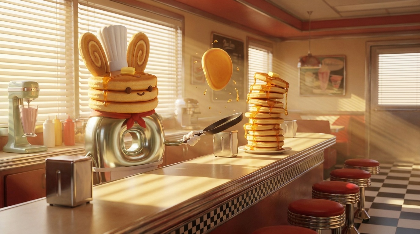 Chef P flipping a golden pancake behind the diner counter